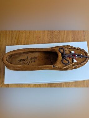 Minnetonka Suede Moccasin in Brown with Dark Brown Lace